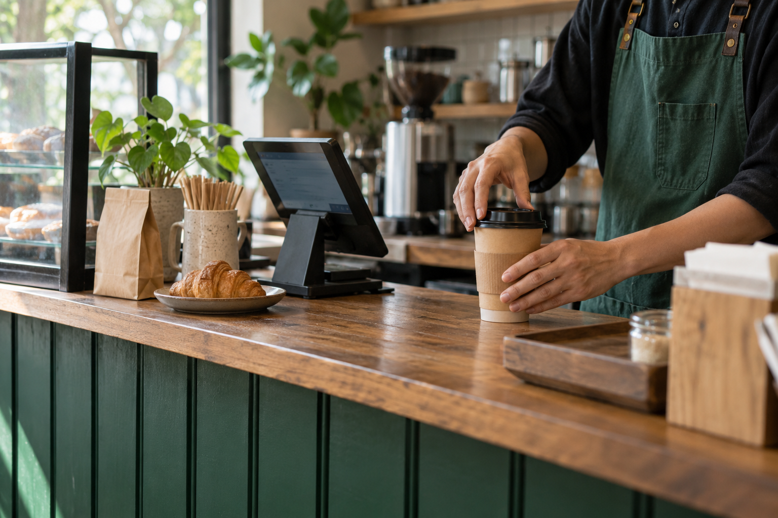 Editorial illustration of a neighborhood café counter with coffee and a tablet checkout